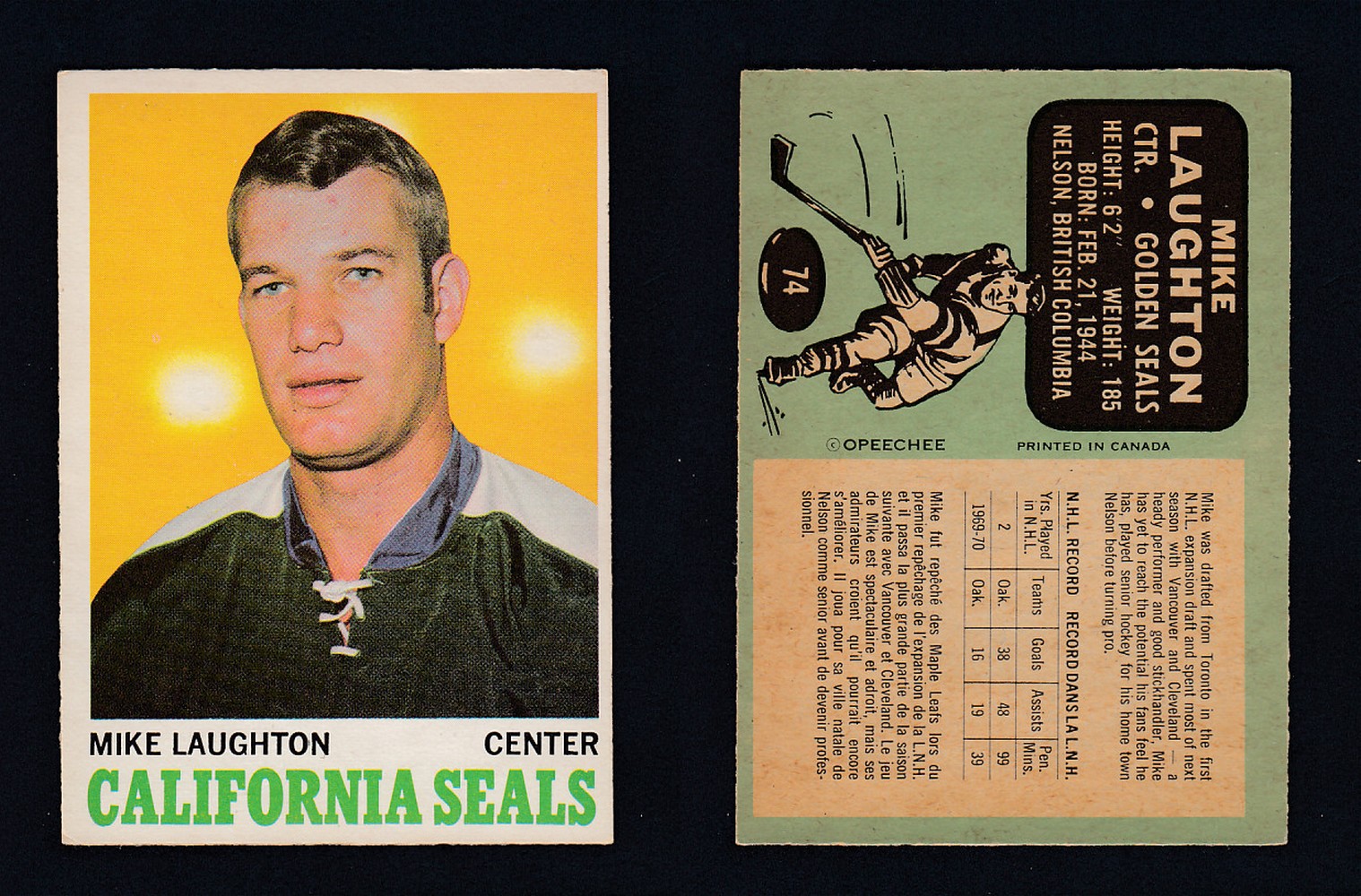 1970-71 O-PEE-CHEE HOCKEY CARD #74 M. LAUGHTON photo 1970-71 O-PEE-CHEE HOCKEY CARD #74 M. LAUGHTON photo