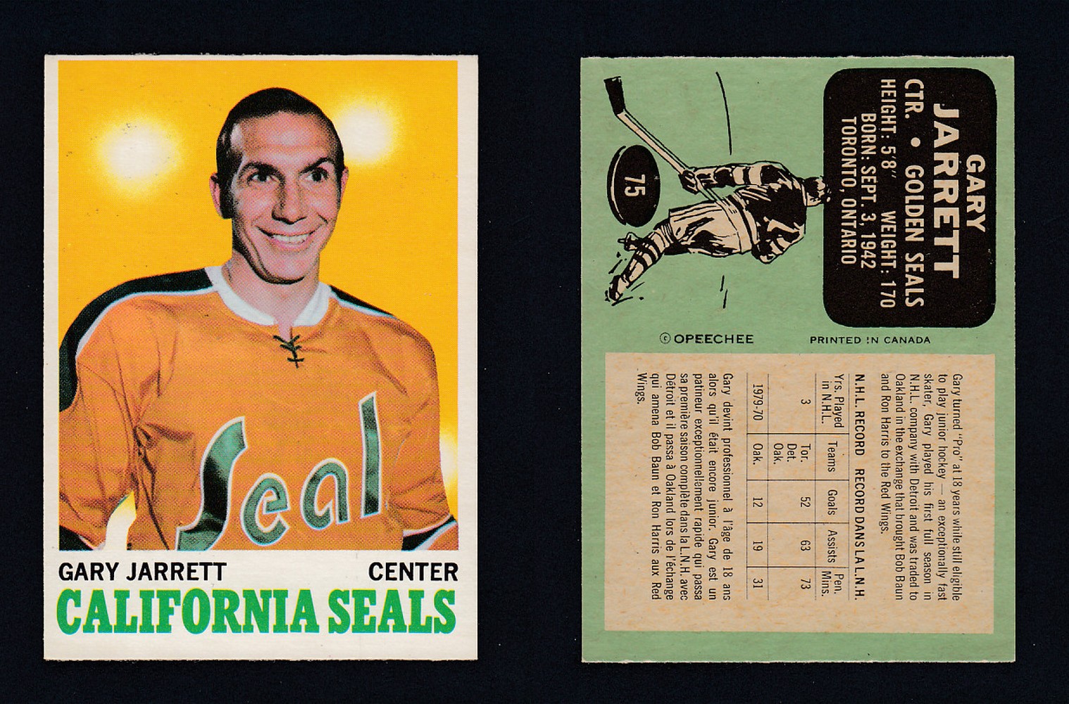1970-71 O-PEE-CHEE HOCKEY CARD  #75 G. JARRETT photo