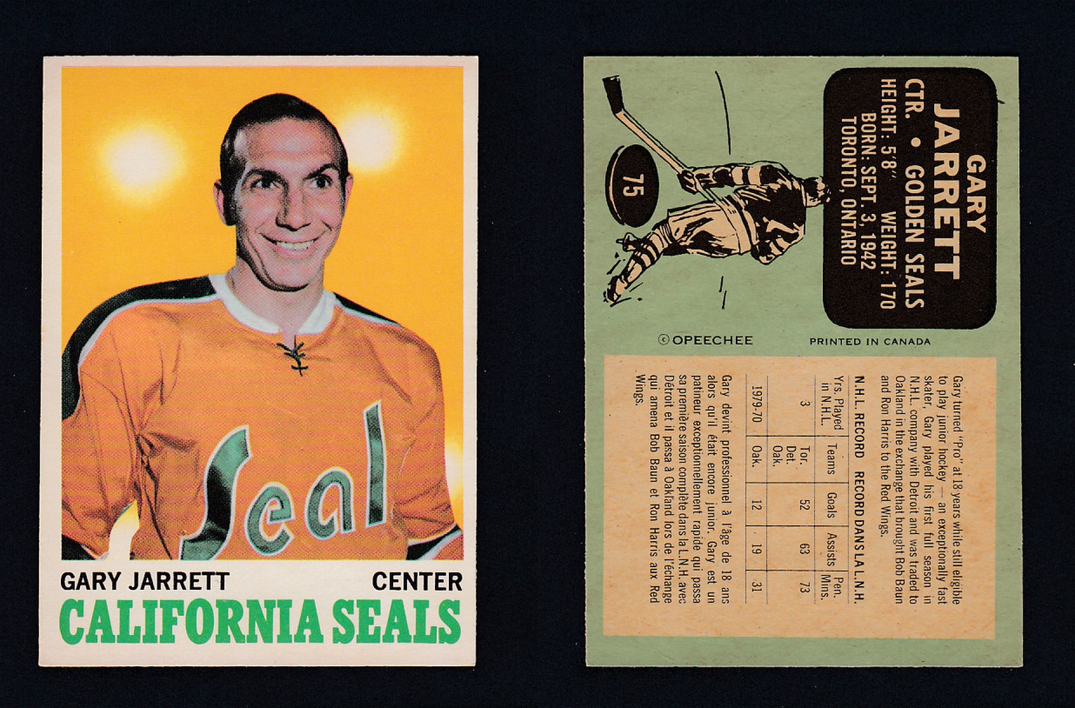 1970-71 O-PEE-CHEE HOCKEY CARD  #75 G. JARRETT photo