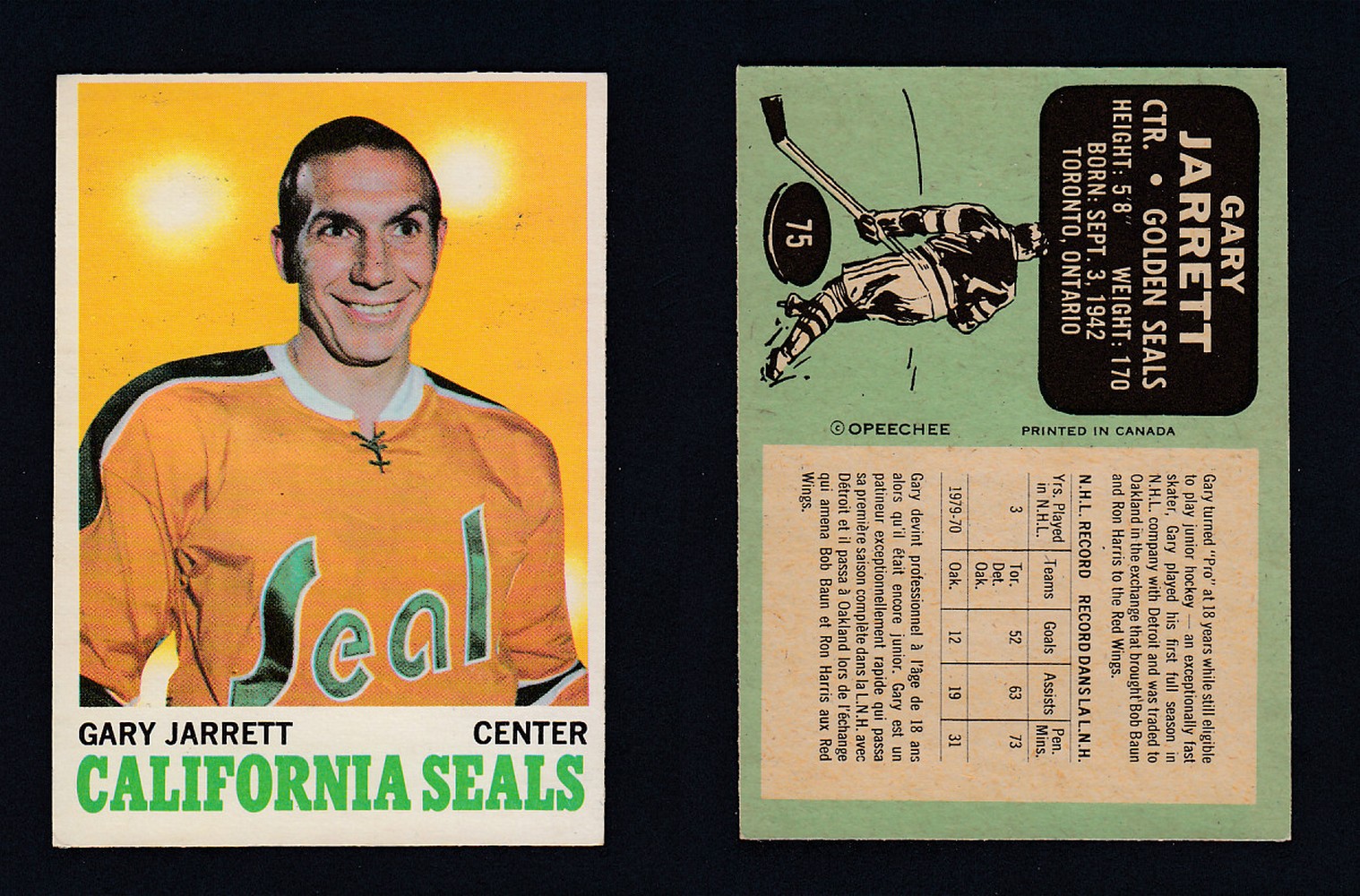 1970-71 O-PEE-CHEE HOCKEY CARD  #75 G. JARRETT photo