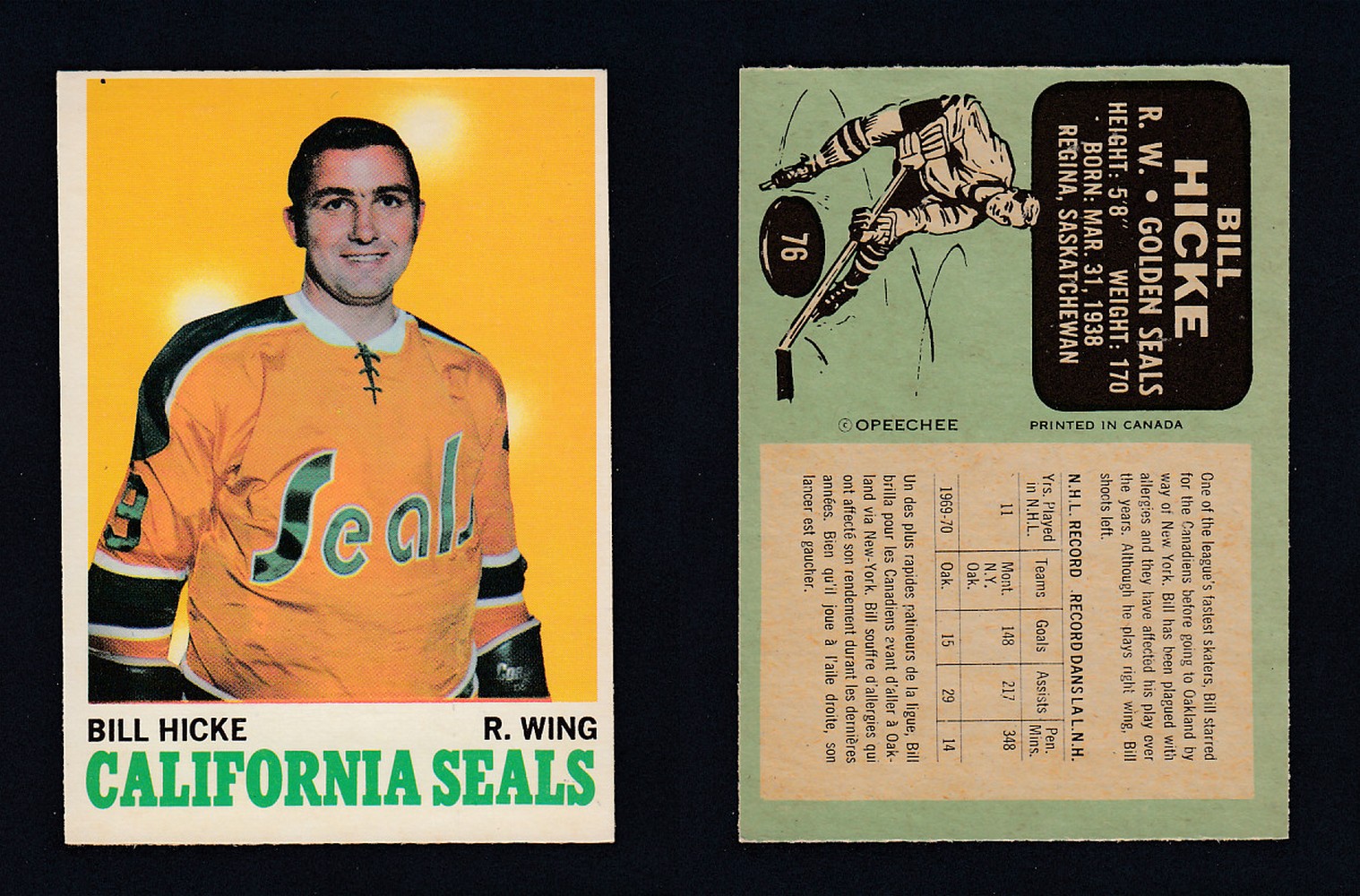 1970-71 O-PEE-CHEE HOCKEY CARD  #76 B. HICKE photo