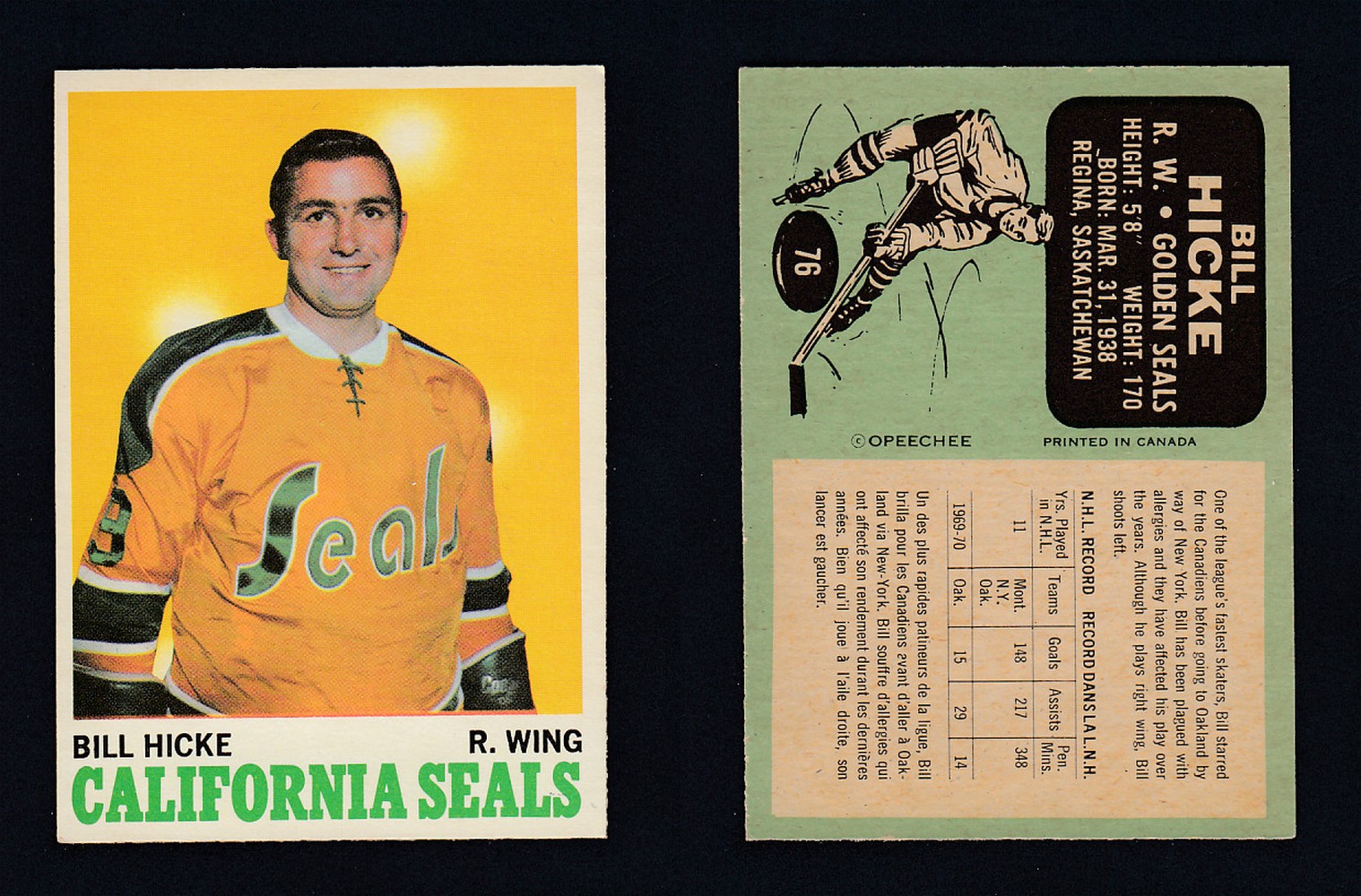 1970-71 O-PEE-CHEE HOCKEY CARD  #76 B. HICKE photo