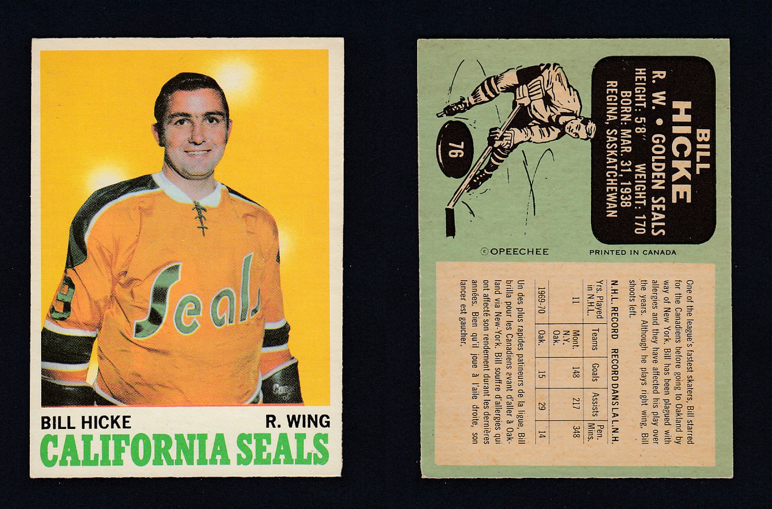 1970-71 O-PEE-CHEE HOCKEY CARD  #76 B. HICKE photo