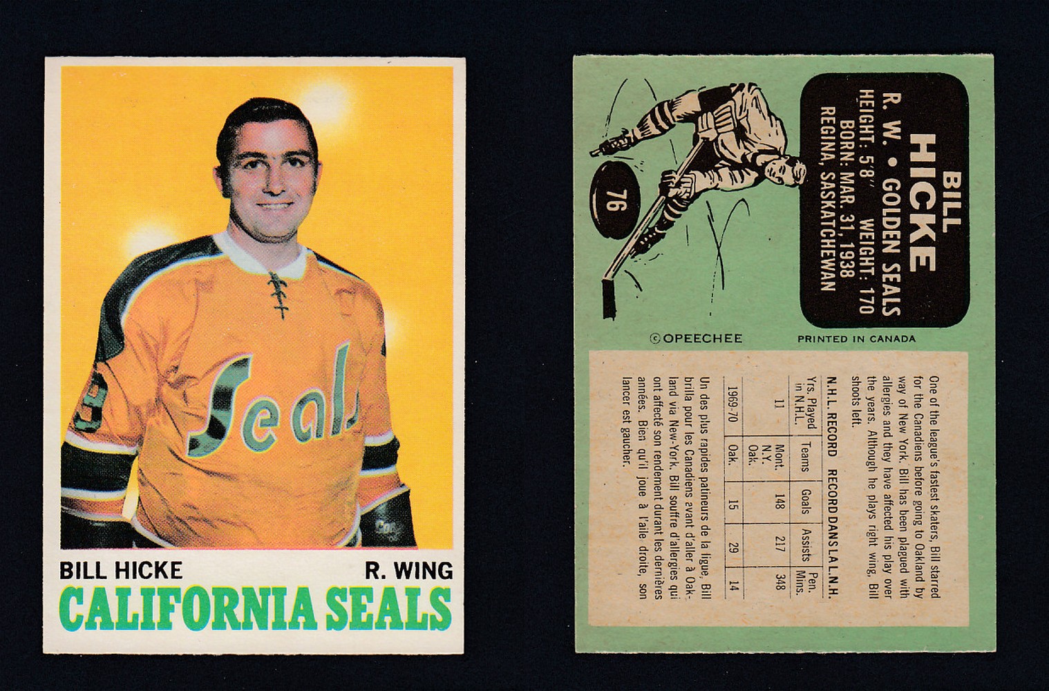 1970-71 O-PEE-CHEE HOCKEY CARD  #76 B. HICKE photo