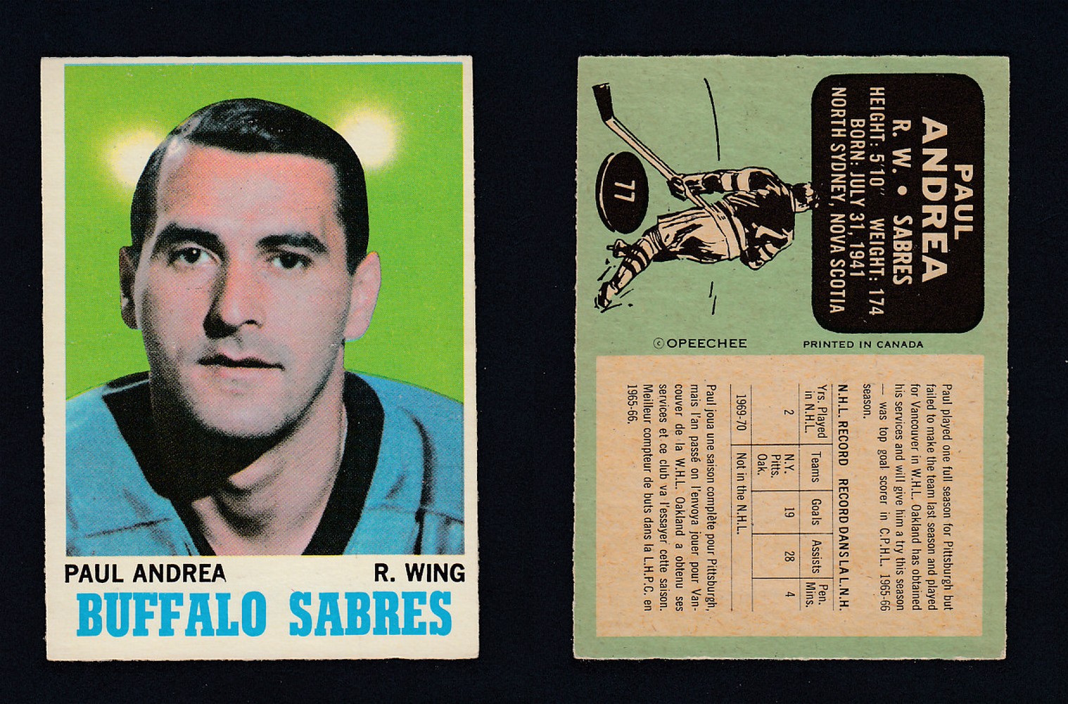 1970-71 O-PEE-CHEE HOCKEY CARD  #77 P. ANDREA photo