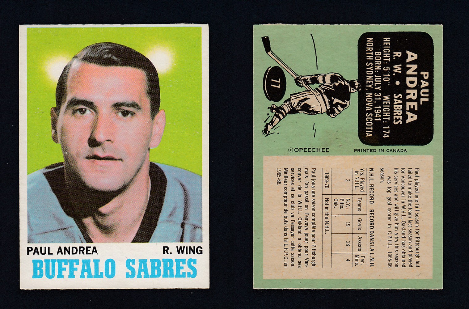 1970-71 O-PEE-CHEE HOCKEY CARD  #77 P. ANDREA photo