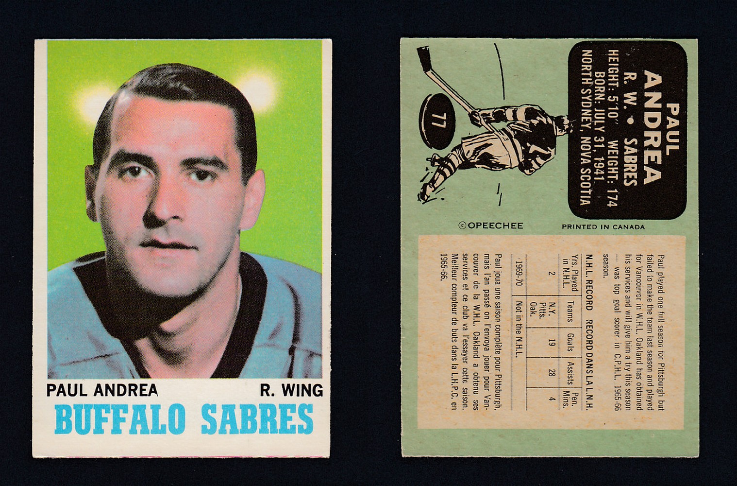 1970-71 O-PEE-CHEE HOCKEY CARD  #77 P. ANDREA photo