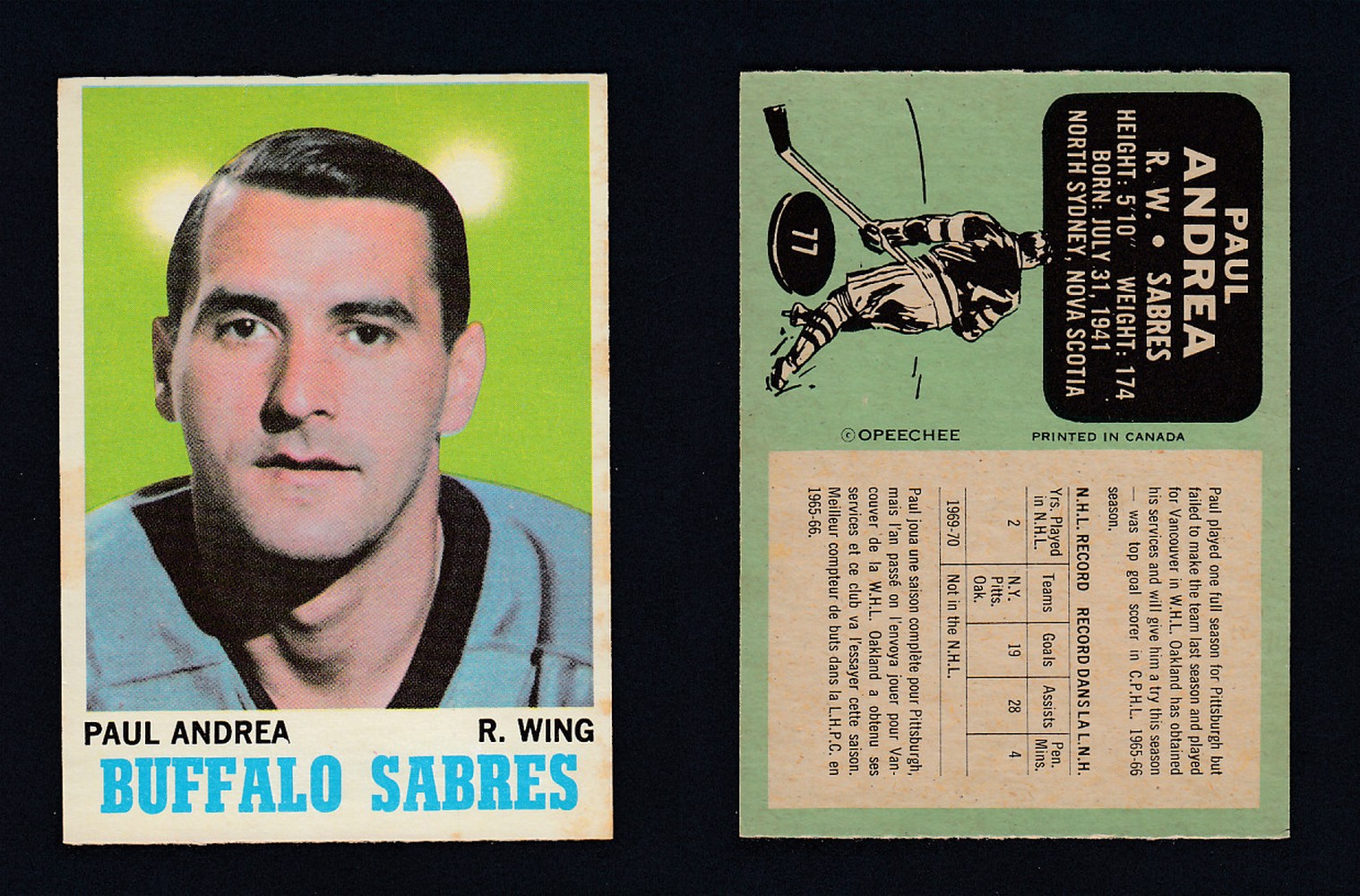 1970-71 O-PEE-CHEE HOCKEY CARD  #77 P. ANDREA photo