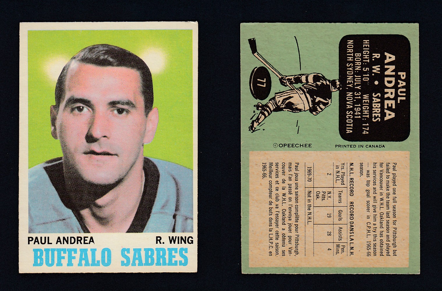 1970-71 O-PEE-CHEE HOCKEY CARD  #77 P. ANDREA photo