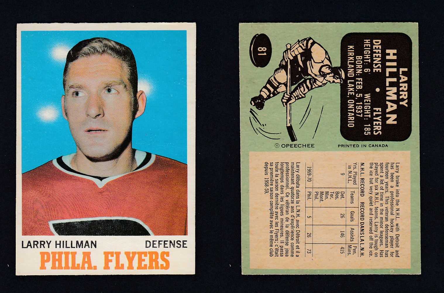 1970-71 O-PEE-CHEE HOCKEY CARD  #81 L. HILLMAN photo
