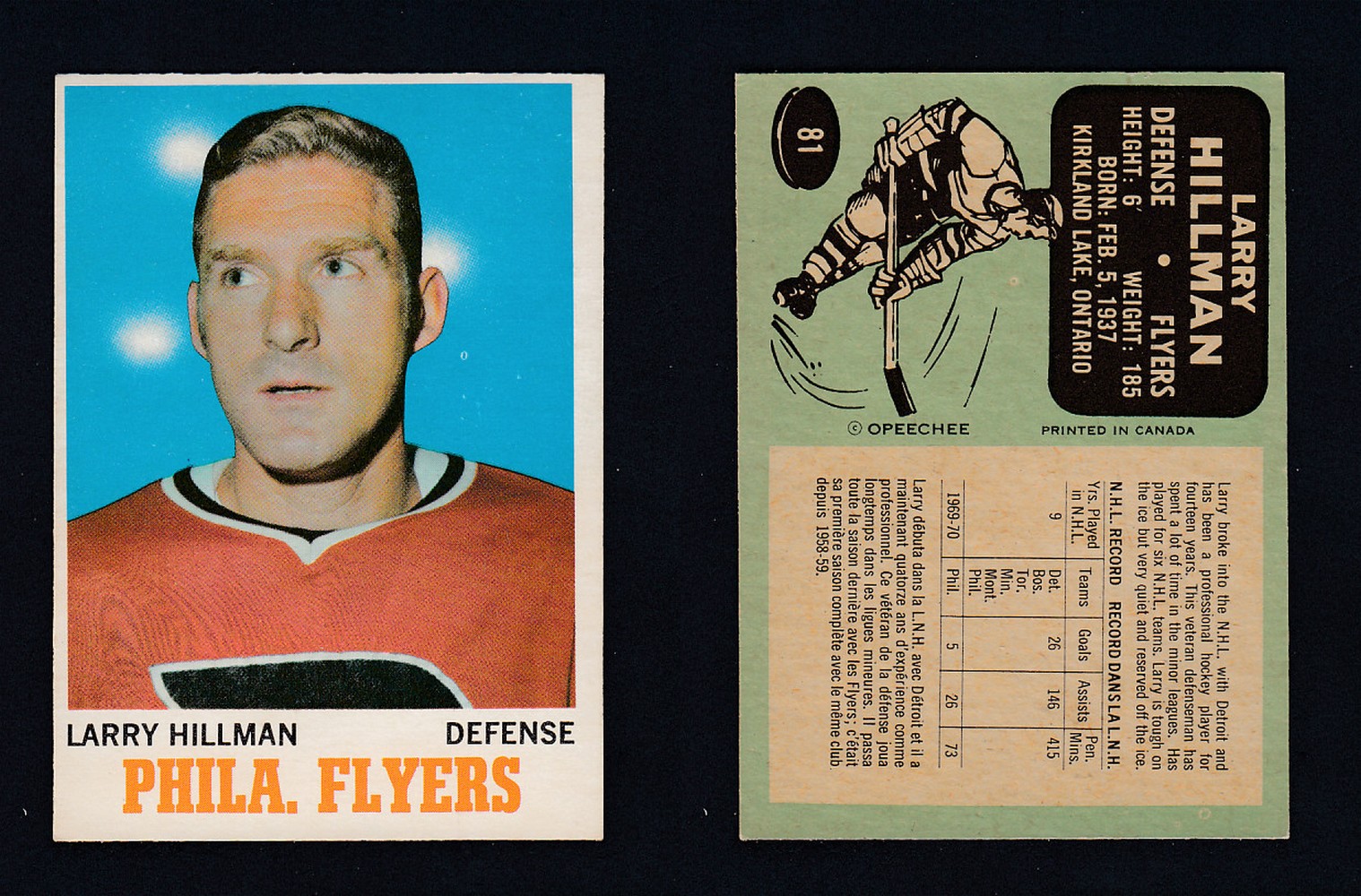 1970-71 O-PEE-CHEE HOCKEY CARD  #81 L. HILLMAN photo