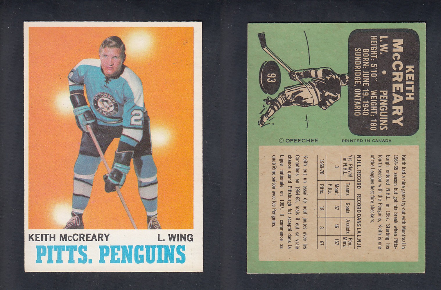 1970-71 O-PEE-CHEE HOCKEY CARD #93 K. MCCREARY photo 1970-71 O-PEE-CHEE HOCKEY CARD #93 K. MCCREARY photo
