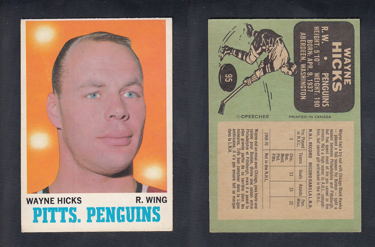 1970-71 O-PEE-CHEE HOCKEY CARD #95 W. HICKS photo 1970-71 O-PEE-CHEE HOCKEY CARD #95 W. HICKS photo