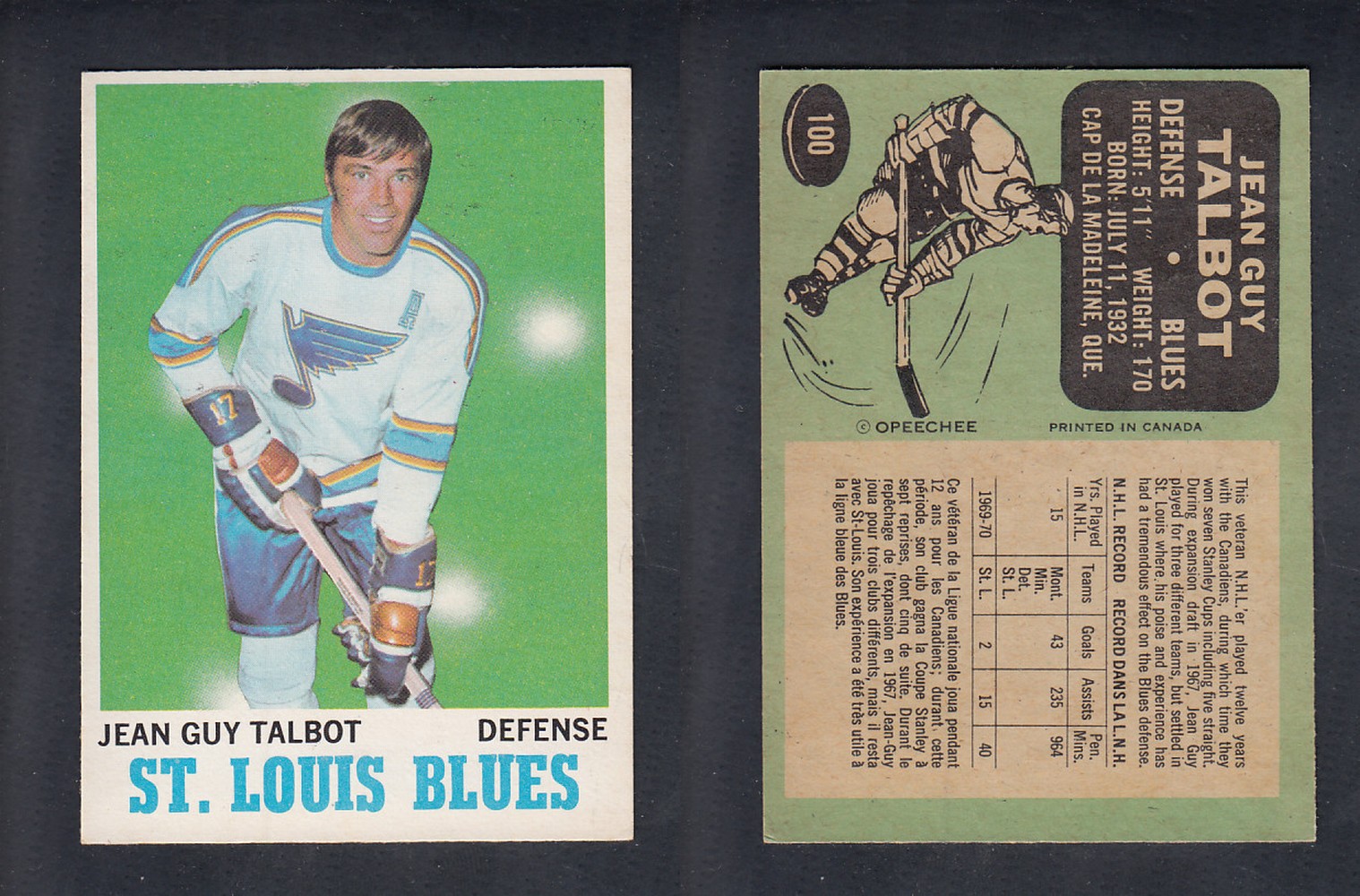 1970-71 O-PEE-CHEE HOCKEY CARD #100 J.G. TALBOT photo 1970-71 O-PEE-CHEE HOCKEY CARD #100 J.G. TALBOT photo