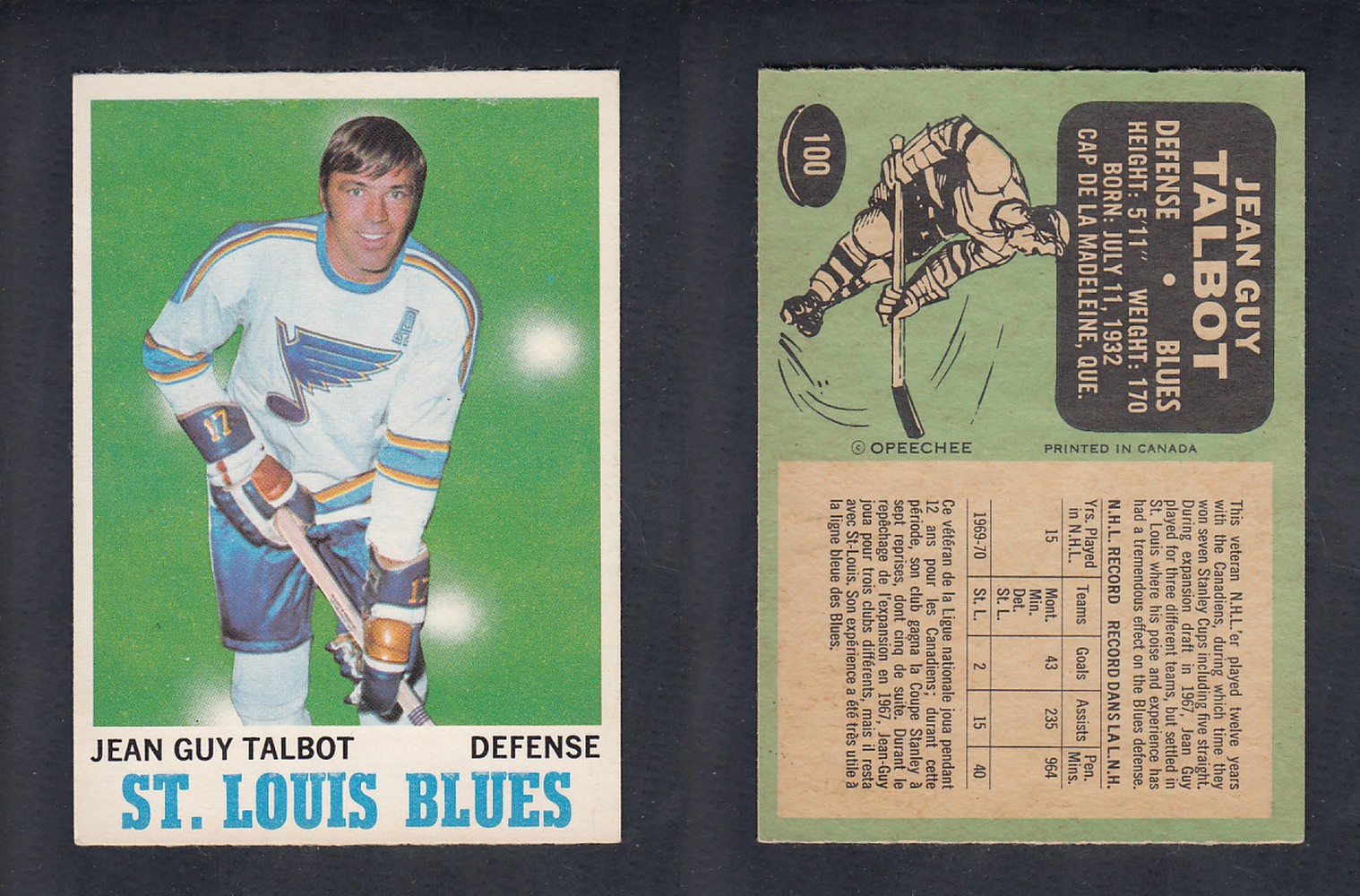 1970-71 O-PEE-CHEE HOCKEY CARD #100 J.G. TALBOT photo 1970-71 O-PEE-CHEE HOCKEY CARD #100 J.G. TALBOT photo