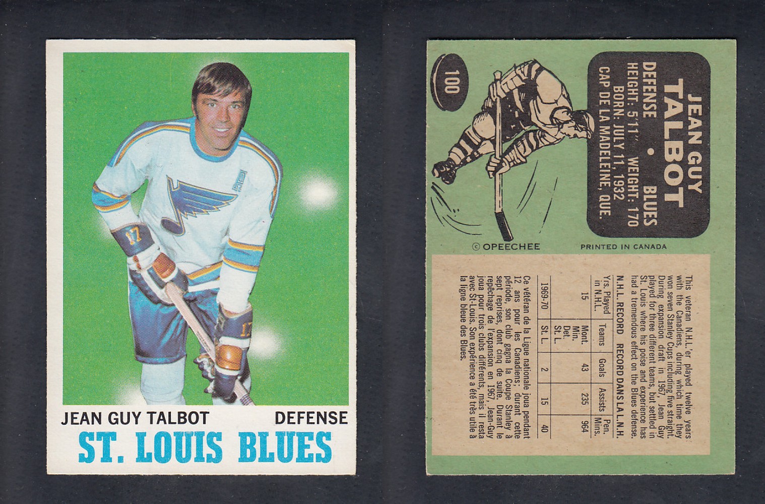 1970-71 O-PEE-CHEE HOCKEY CARD #100 J.G. TALBOT photo 1970-71 O-PEE-CHEE HOCKEY CARD #100 J.G. TALBOT photo