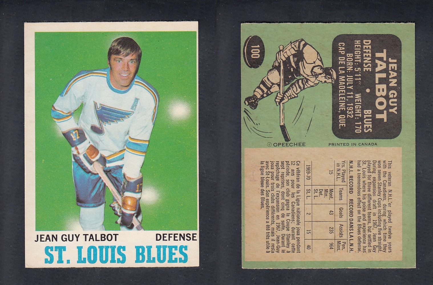 1970-71 O-PEE-CHEE HOCKEY CARD #100 J.G. TALBOT photo 1970-71 O-PEE-CHEE HOCKEY CARD #100 J.G. TALBOT photo