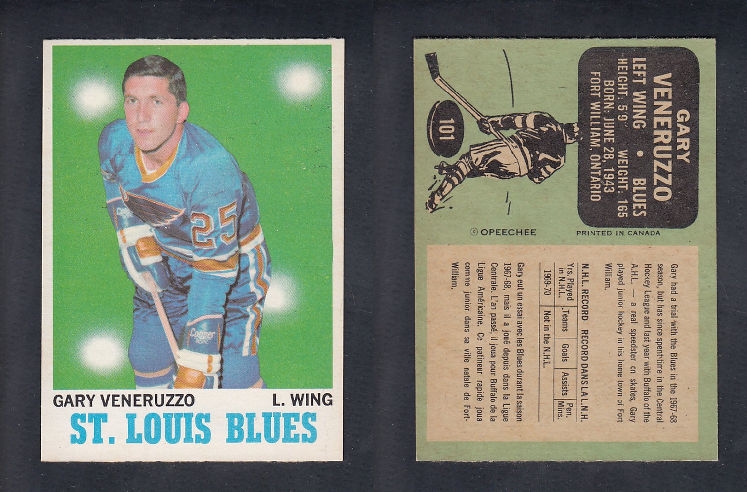 1970-71 O-PEE-CHEE HOCKEY CARD #101 G. VENERUZZO photo 1970-71 O-PEE-CHEE HOCKEY CARD #101 G. VENERUZZO photo