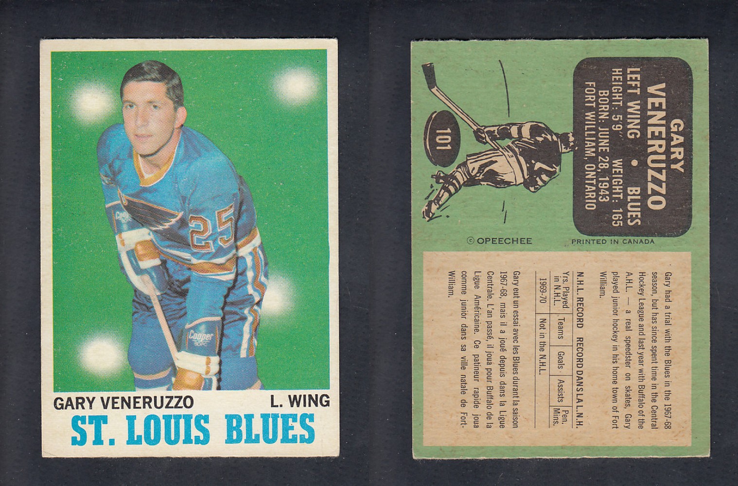 1970-71 O-PEE-CHEE HOCKEY CARD #101 G. VENERUZZO photo 1970-71 O-PEE-CHEE HOCKEY CARD #101 G. VENERUZZO photo