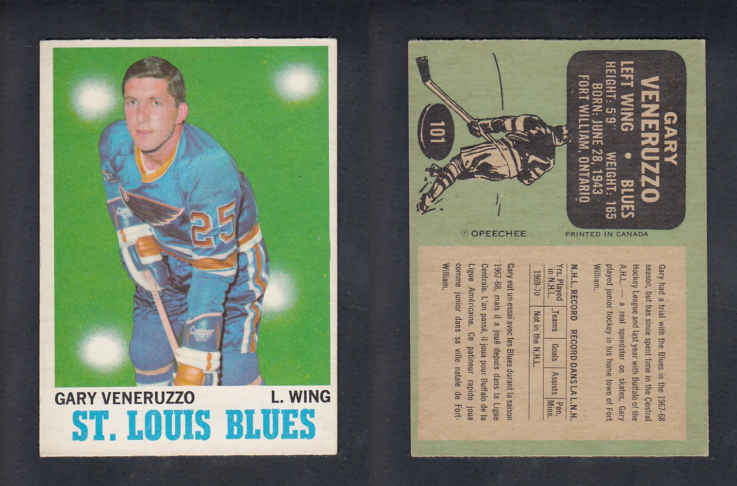 1970-71 O-PEE-CHEE HOCKEY CARD #101 G. VENERUZZO photo 1970-71 O-PEE-CHEE HOCKEY CARD #101 G. VENERUZZO photo