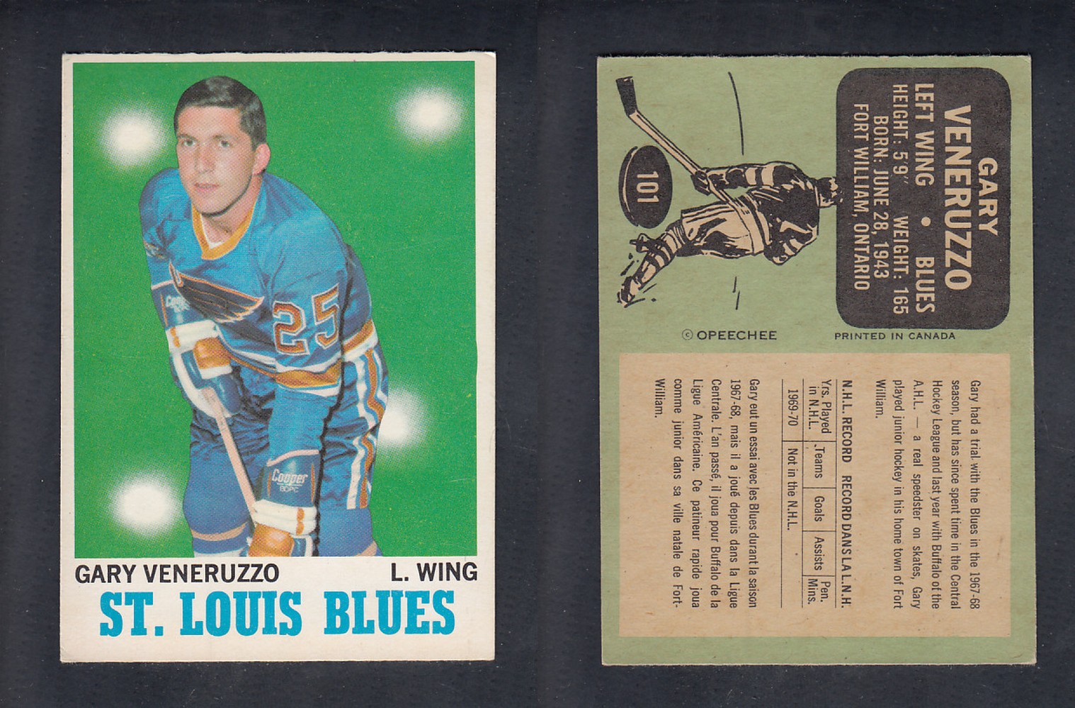 1970-71 O-PEE-CHEE HOCKEY CARD #101 G. VENERUZZO photo 1970-71 O-PEE-CHEE HOCKEY CARD #101 G. VENERUZZO photo