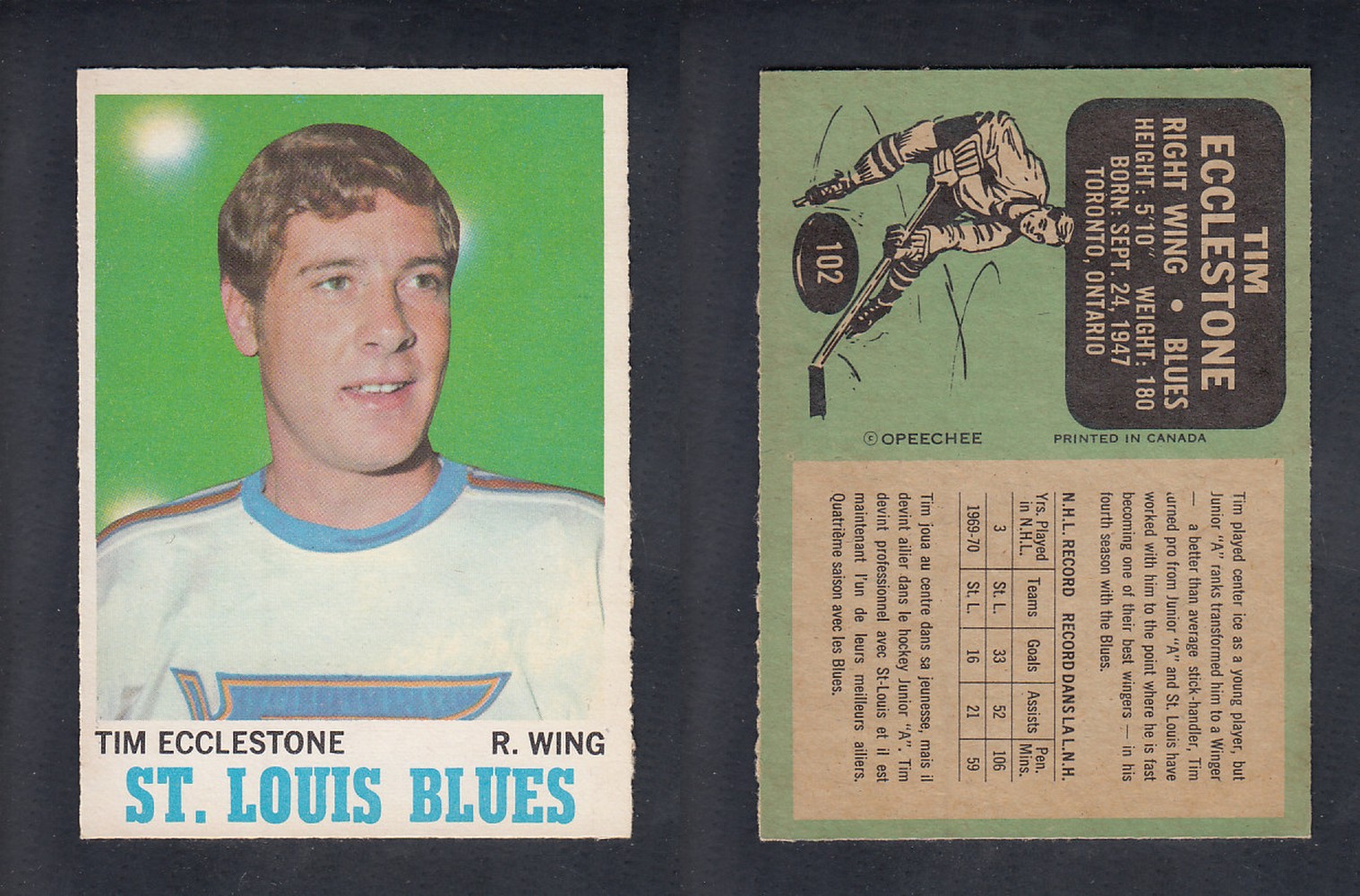 1970-71 O-PEE-CHEE HOCKEY CARD #102 T. ECCLESTONE photo 1970-71 O-PEE-CHEE HOCKEY CARD #102 T. ECCLESTONE photo