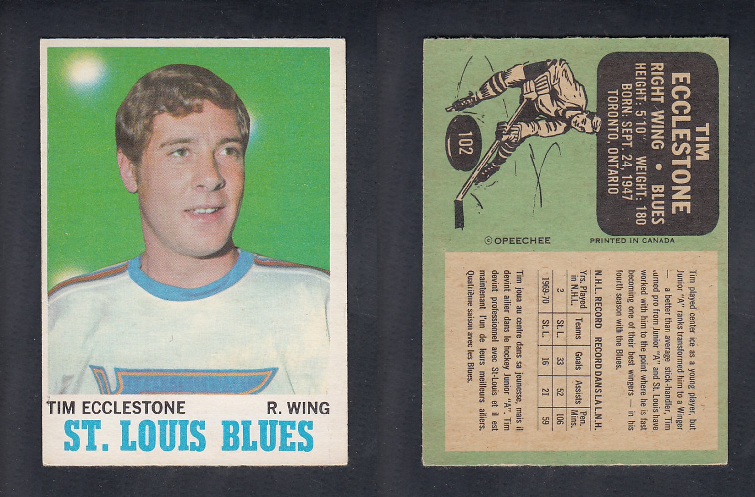 1970-71 O-PEE-CHEE HOCKEY CARD #102 T. ECCLESTONE photo 1970-71 O-PEE-CHEE HOCKEY CARD #102 T. ECCLESTONE photo