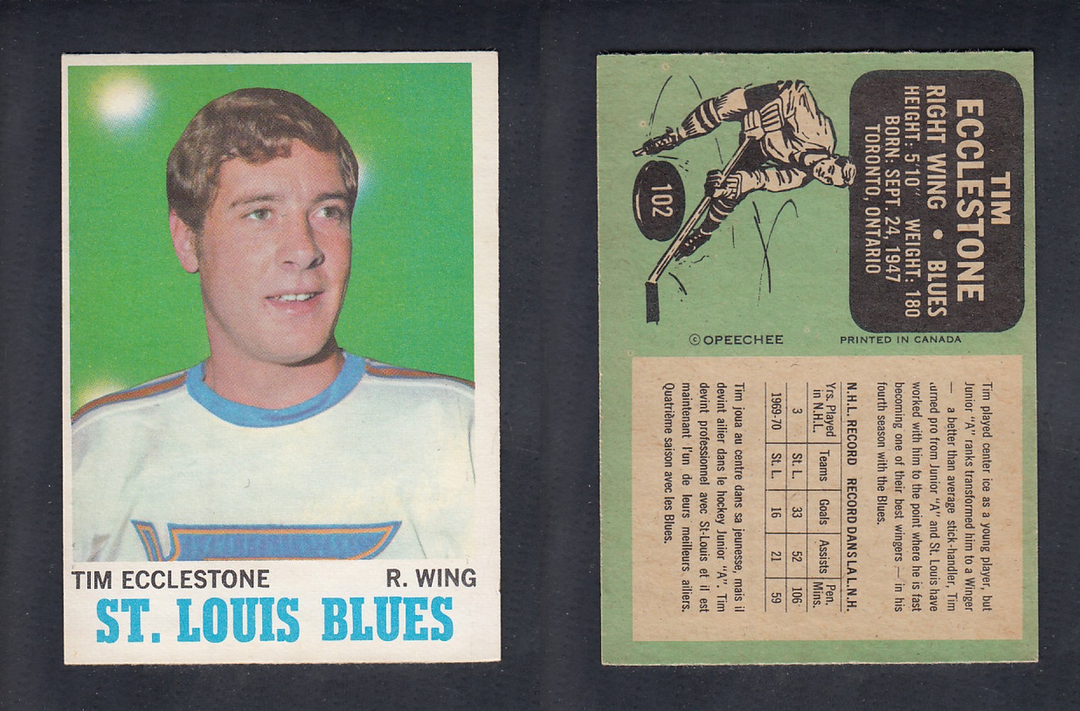1970-71 O-PEE-CHEE HOCKEY CARD  #102 T. ECCLESTONE photo