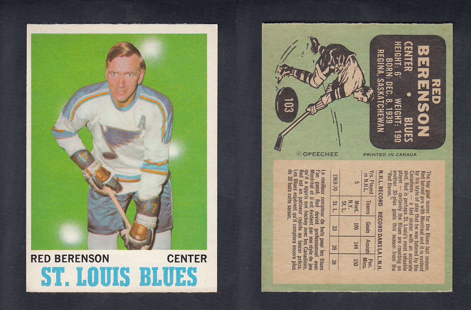 1970-71 O-PEE-CHEE HOCKEY CARD #103 R. BERENSON photo 1970-71 O-PEE-CHEE HOCKEY CARD #103 R. BERENSON photo