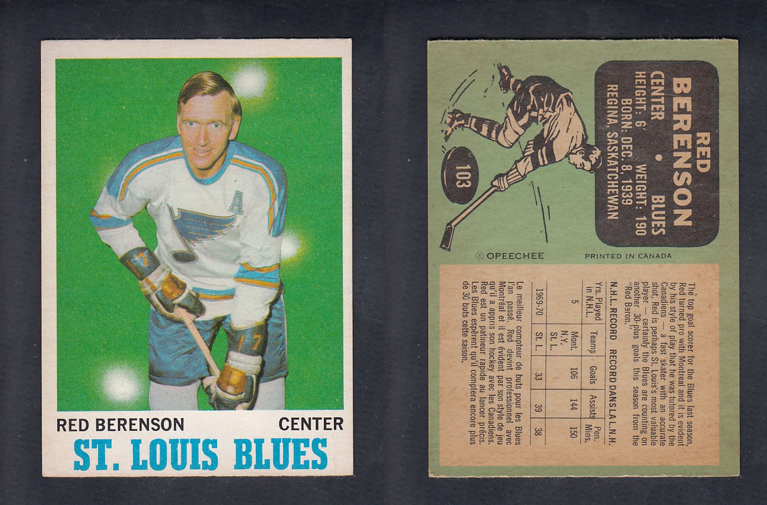 1970-71 O-PEE-CHEE HOCKEY CARD #103 R. BERENSON photo 1970-71 O-PEE-CHEE HOCKEY CARD #103 R. BERENSON photo