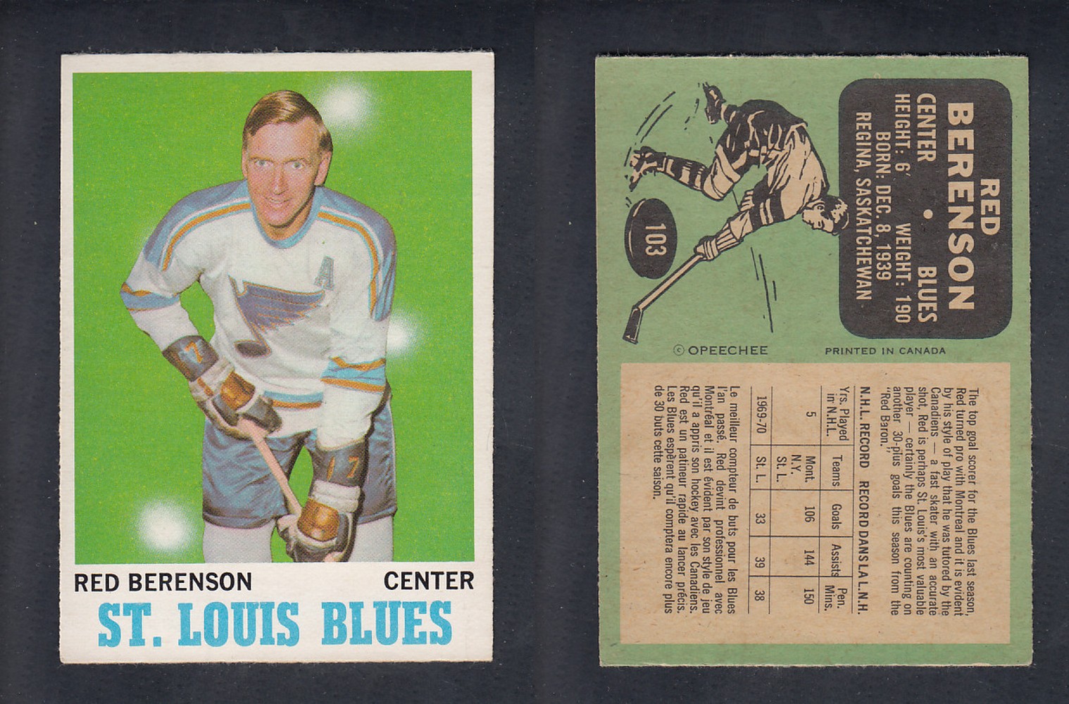 1970-71 O-PEE-CHEE HOCKEY CARD #103 R. BERENSON photo 1970-71 O-PEE-CHEE HOCKEY CARD #103 R. BERENSON photo