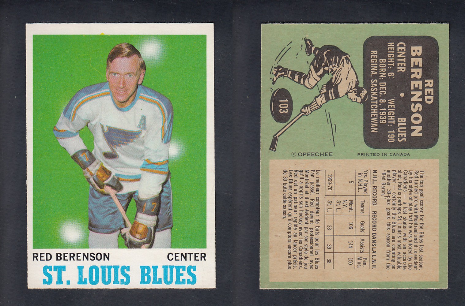 1970-71 O-PEE-CHEE HOCKEY CARD #103 R. BERENSON photo 1970-71 O-PEE-CHEE HOCKEY CARD #103 R. BERENSON photo