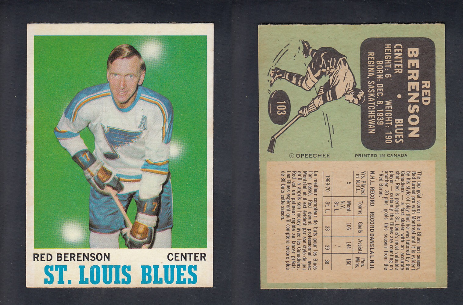 1970-71 O-PEE-CHEE HOCKEY CARD #103 R. BERENSON photo 1970-71 O-PEE-CHEE HOCKEY CARD #103 R. BERENSON photo