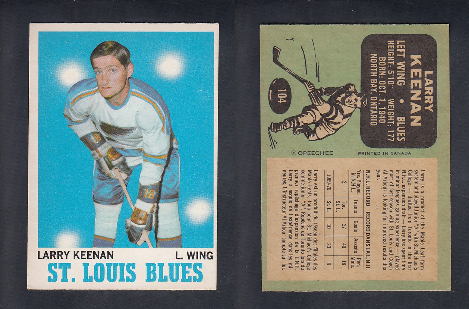 1970-71 O-PEE-CHEE HOCKEY CARD #104 L. KEENAN photo 1970-71 O-PEE-CHEE HOCKEY CARD #104 L. KEENAN photo