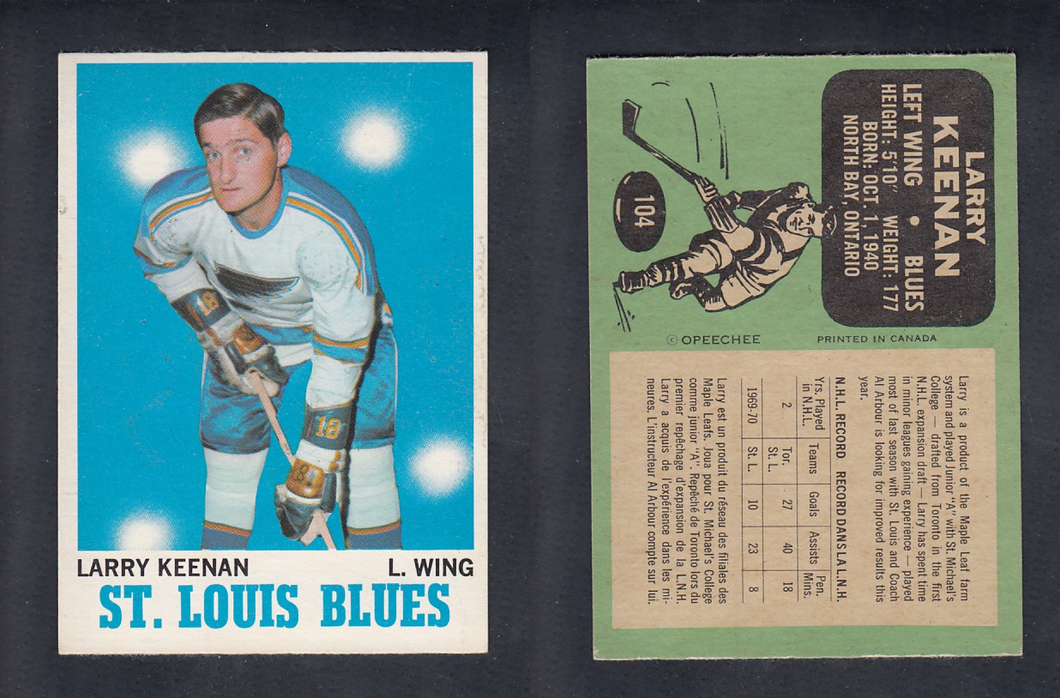 1970-71 O-PEE-CHEE HOCKEY CARD #104 L. KEENAN photo 1970-71 O-PEE-CHEE HOCKEY CARD #104 L. KEENAN photo