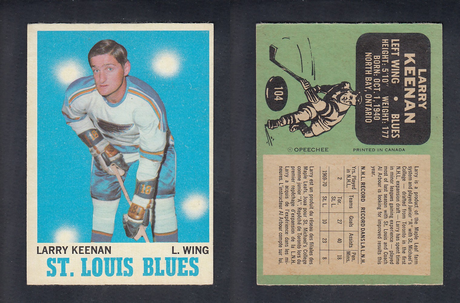 1970-71 O-PEE-CHEE HOCKEY CARD #104 L. KEENAN photo 1970-71 O-PEE-CHEE HOCKEY CARD #104 L. KEENAN photo