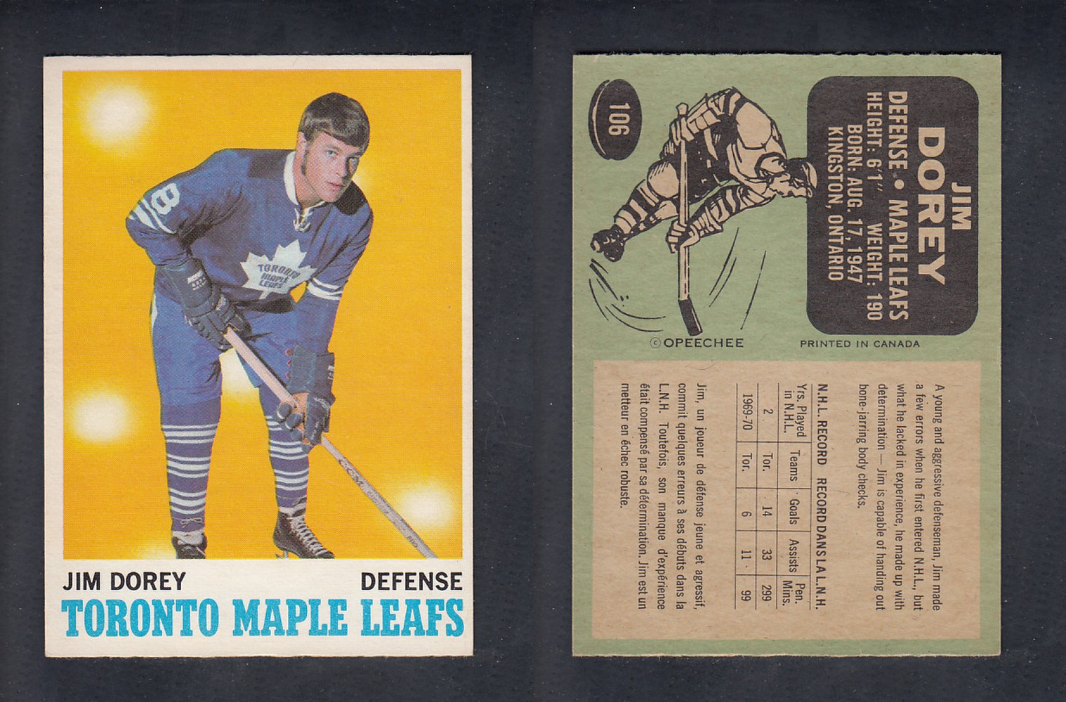 1970-71 O-PEE-CHEE HOCKEY CARD #106 J. DOREY photo 1970-71 O-PEE-CHEE HOCKEY CARD #106 J. DOREY photo