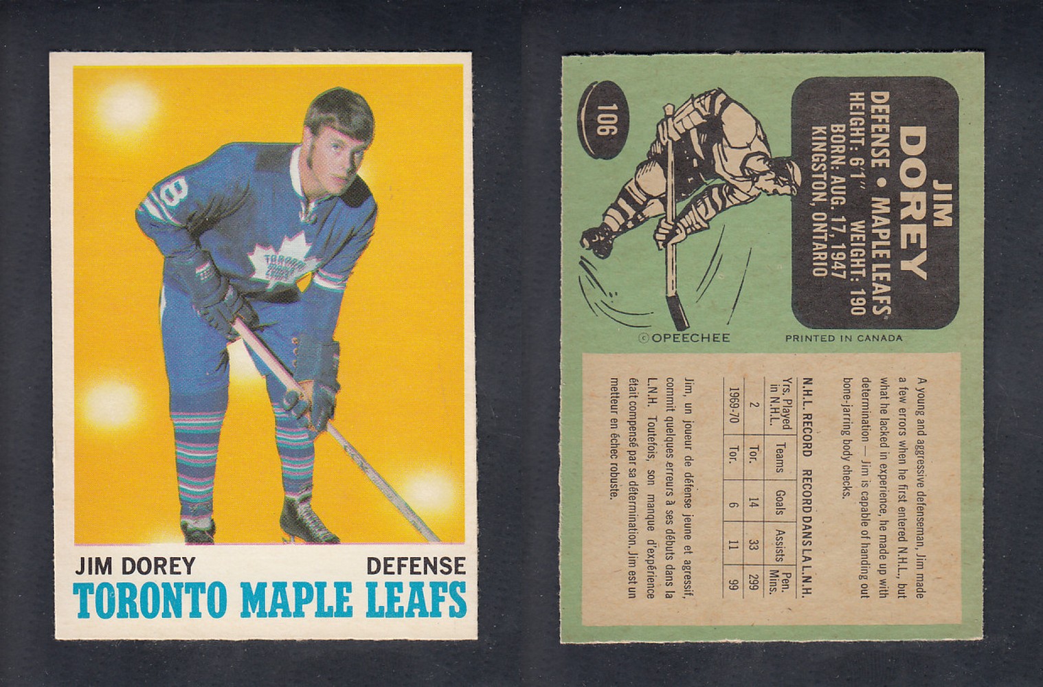 1970-71 O-PEE-CHEE HOCKEY CARD #106 J. DOREY photo 1970-71 O-PEE-CHEE HOCKEY CARD #106 J. DOREY photo