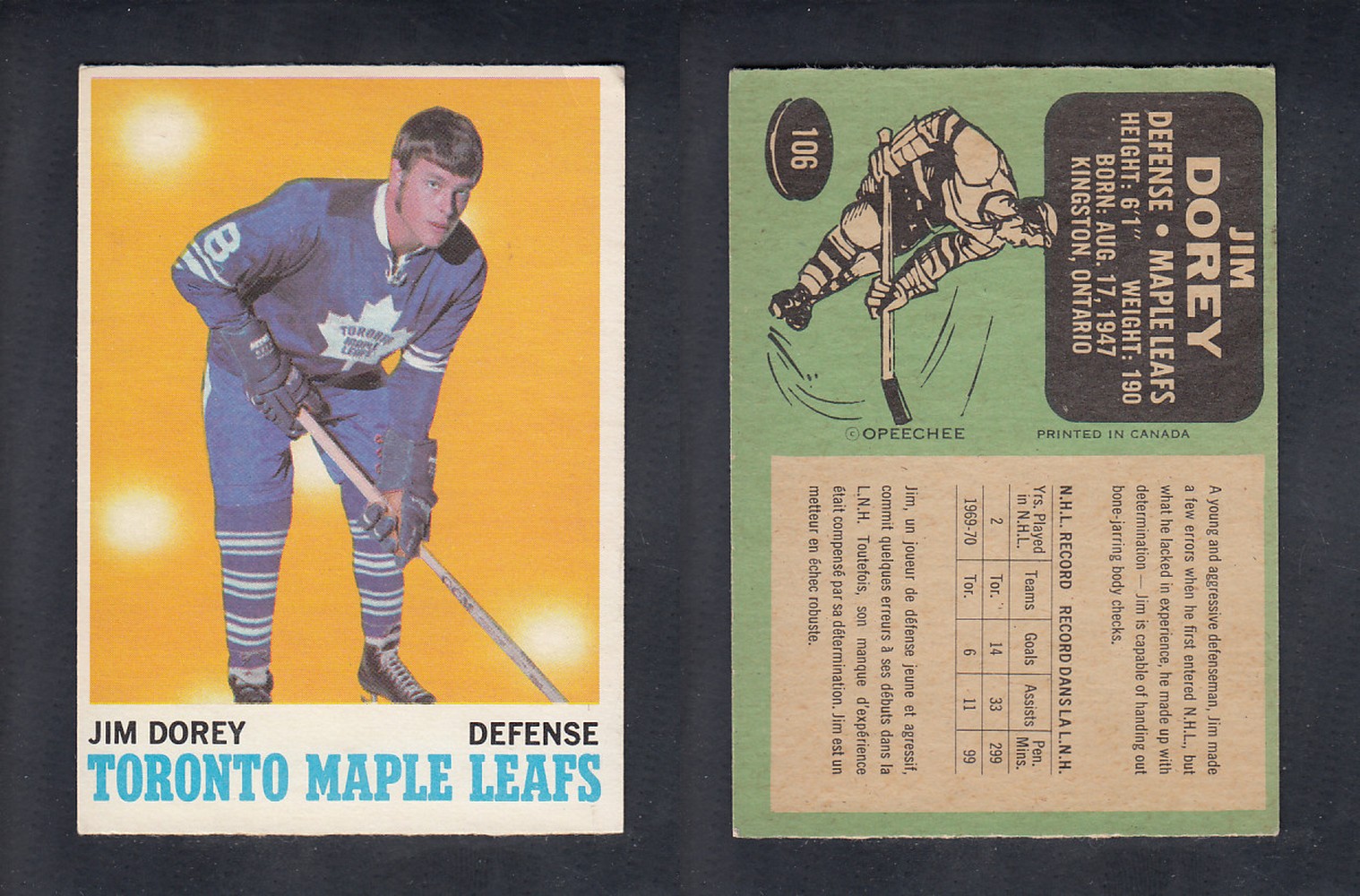 1970-71 O-PEE-CHEE HOCKEY CARD #106 J. DOREY photo 1970-71 O-PEE-CHEE HOCKEY CARD #106 J. DOREY photo