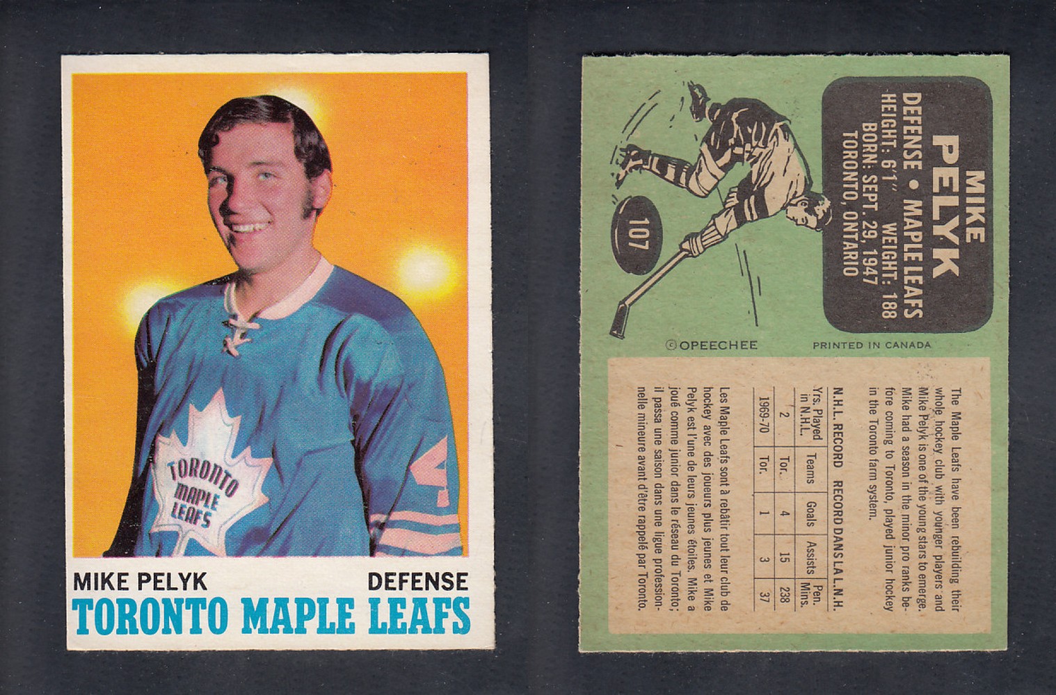 1970-71 O-PEE-CHEE HOCKEY CARD #107 M. PELYK photo 1970-71 O-PEE-CHEE HOCKEY CARD #107 M. PELYK photo