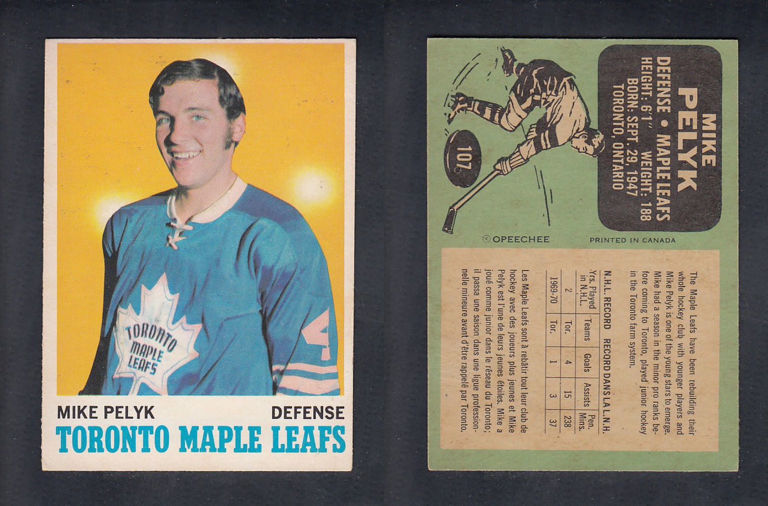 1970-71 O-PEE-CHEE HOCKEY CARD #107 M. PELYK photo 1970-71 O-PEE-CHEE HOCKEY CARD #107 M. PELYK photo