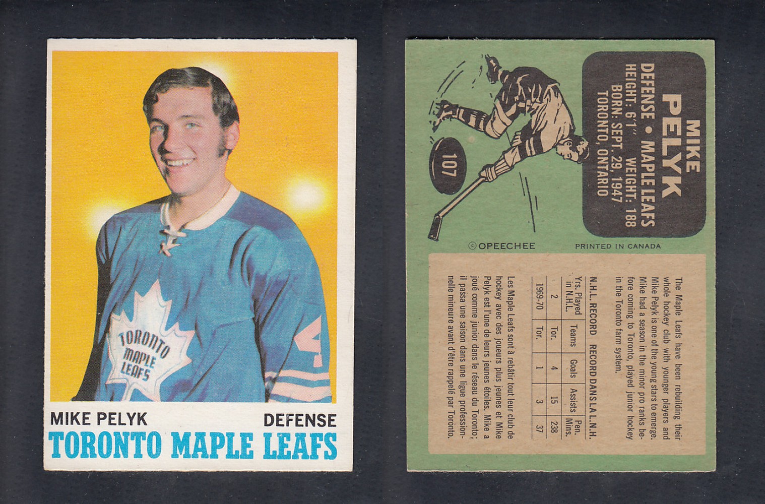 1970-71 O-PEE-CHEE HOCKEY CARD #107 M. PELYK photo 1970-71 O-PEE-CHEE HOCKEY CARD #107 M. PELYK photo