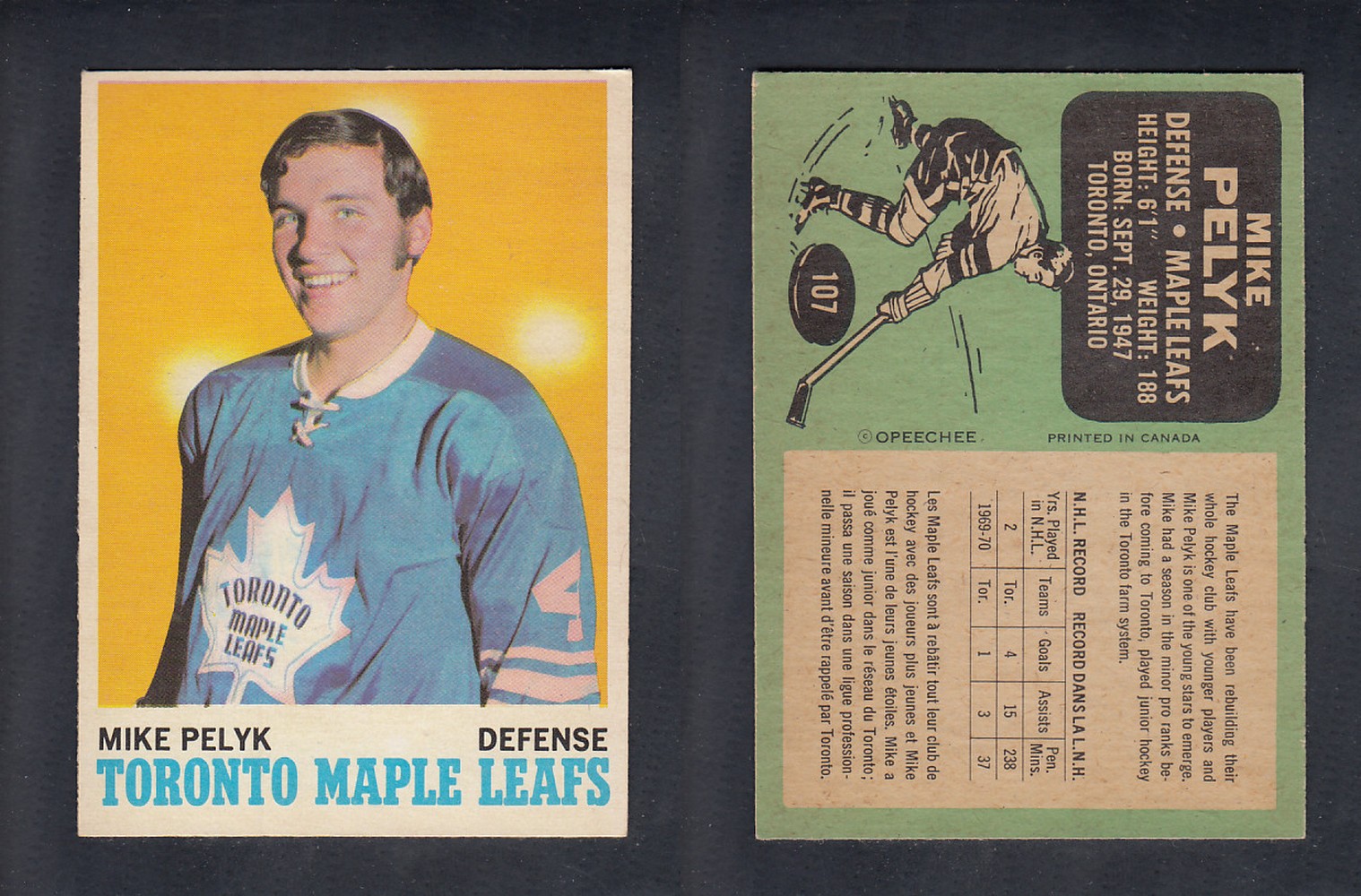 1970-71 O-PEE-CHEE HOCKEY CARD #107 M. PELYK photo 1970-71 O-PEE-CHEE HOCKEY CARD #107 M. PELYK photo