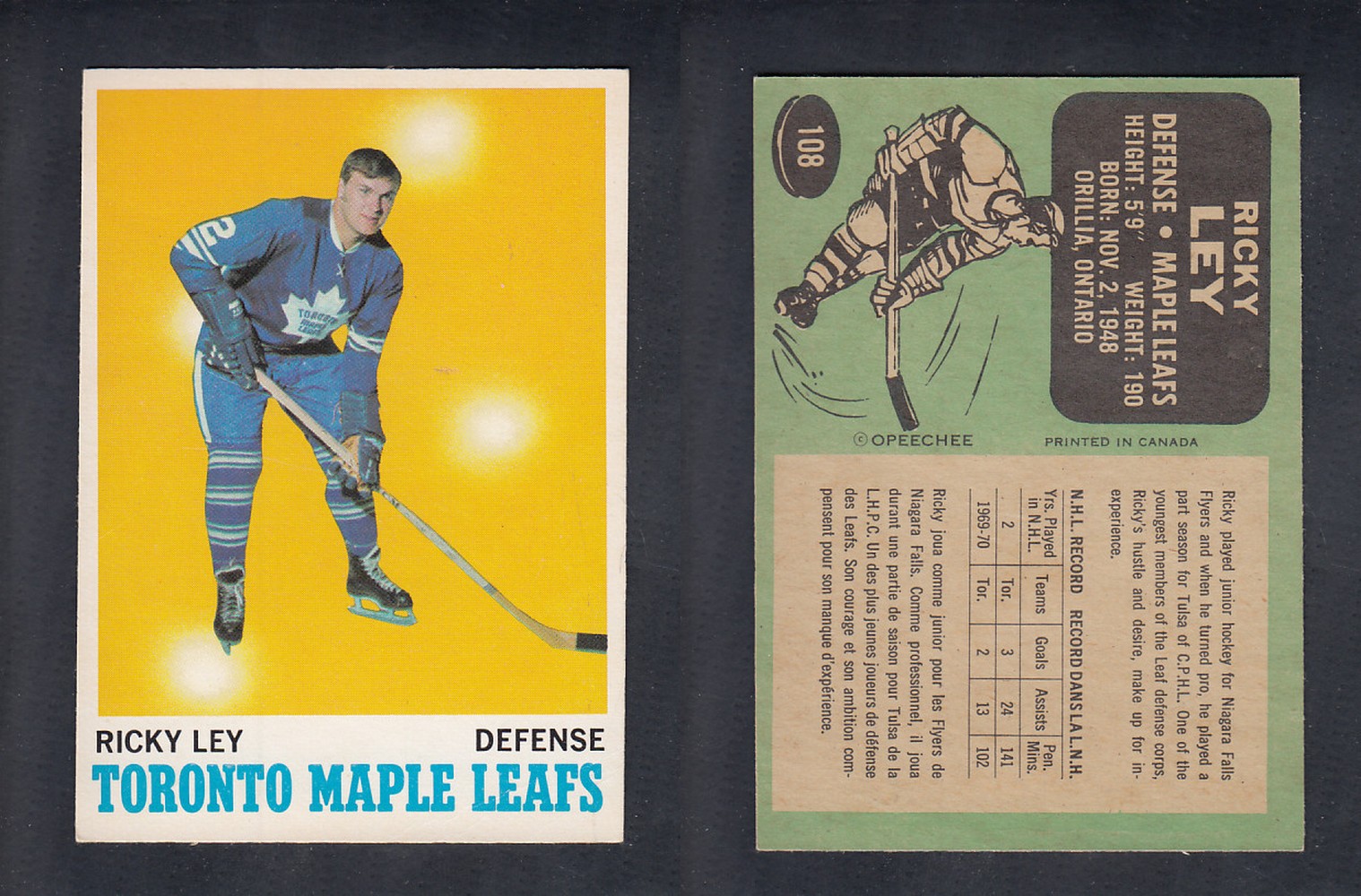 1970-71 O-PEE-CHEE HOCKEY CARD #108 R. LEY photo 1970-71 O-PEE-CHEE HOCKEY CARD #108 R. LEY photo