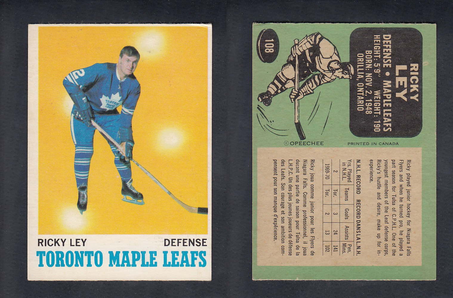 1970-71 O-PEE-CHEE HOCKEY CARD #108 R. LEY photo 1970-71 O-PEE-CHEE HOCKEY CARD #108 R. LEY photo