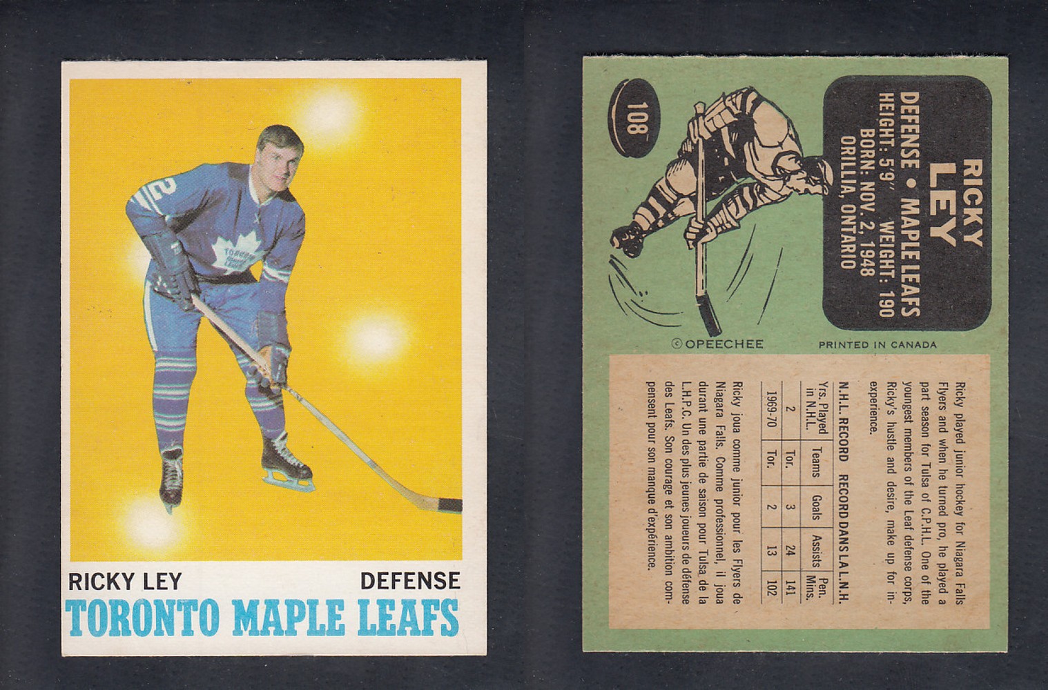 1970-71 O-PEE-CHEE HOCKEY CARD #108 R. LEY photo 1970-71 O-PEE-CHEE HOCKEY CARD #108 R. LEY photo