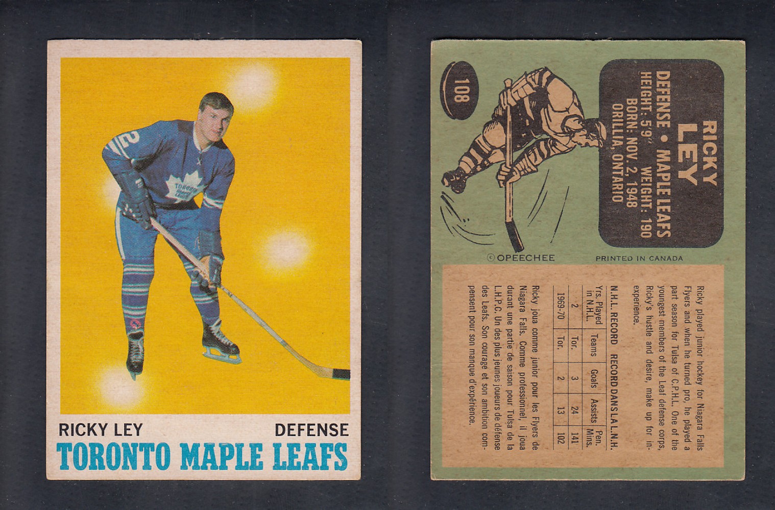 1970-71 O-PEE-CHEE HOCKEY CARD  #108  R. LEY photo