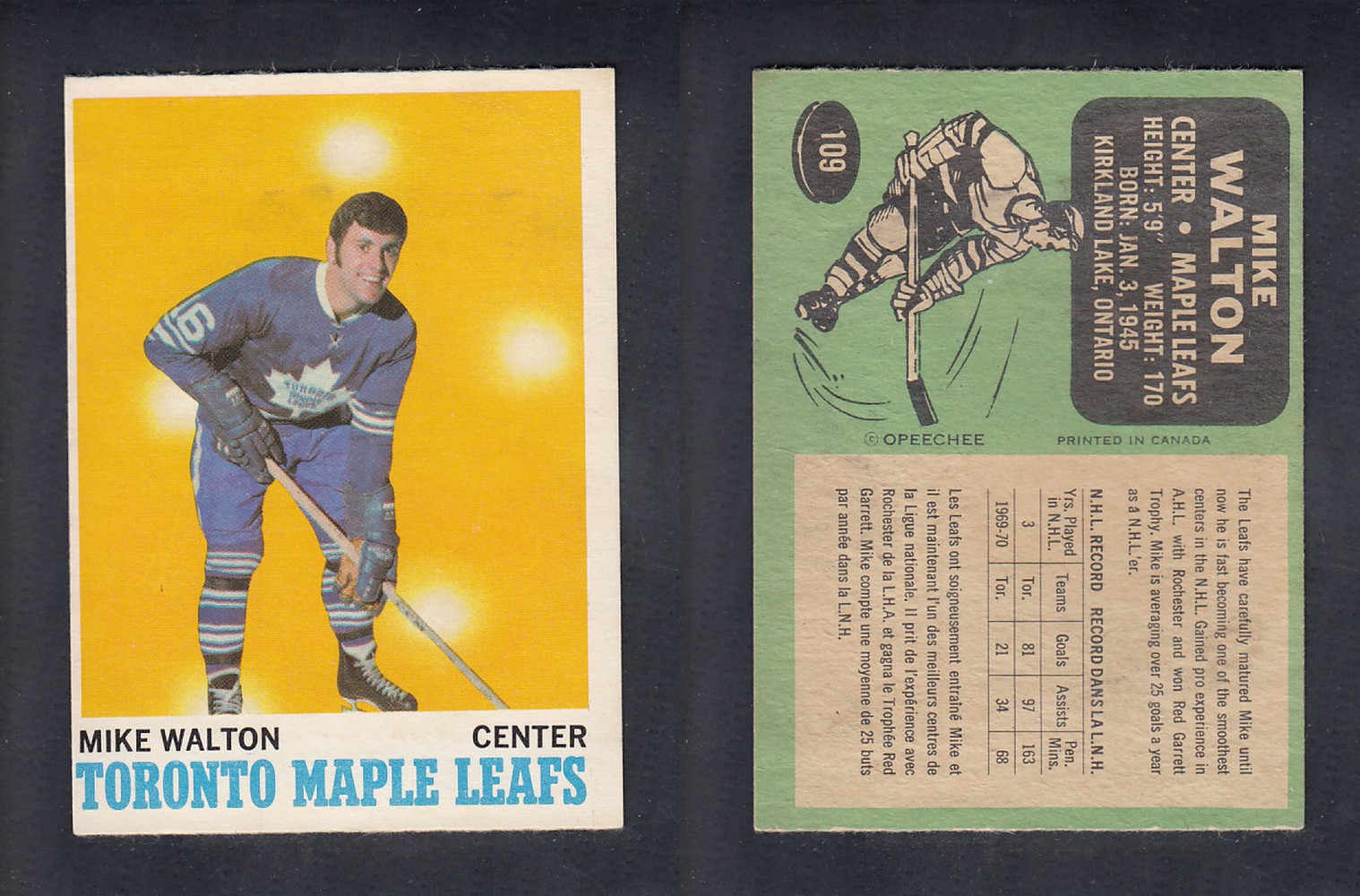 1970-71 O-PEE-CHEE HOCKEY CARD #109 M. WALTON photo 1970-71 O-PEE-CHEE HOCKEY CARD #109 M. WALTON photo