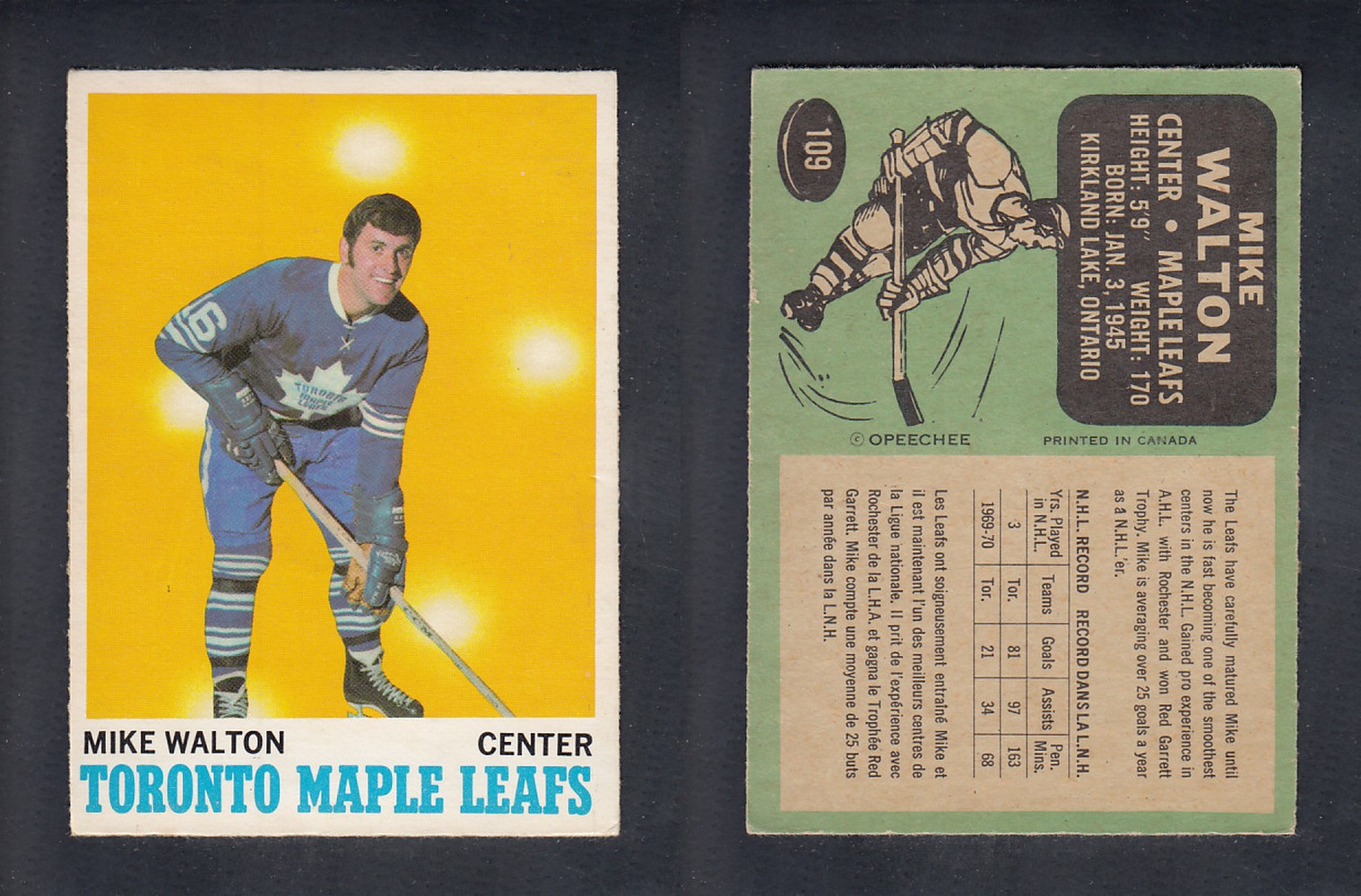 1970-71 O-PEE-CHEE HOCKEY CARD #109 M. WALTON photo 1970-71 O-PEE-CHEE HOCKEY CARD #109 M. WALTON photo