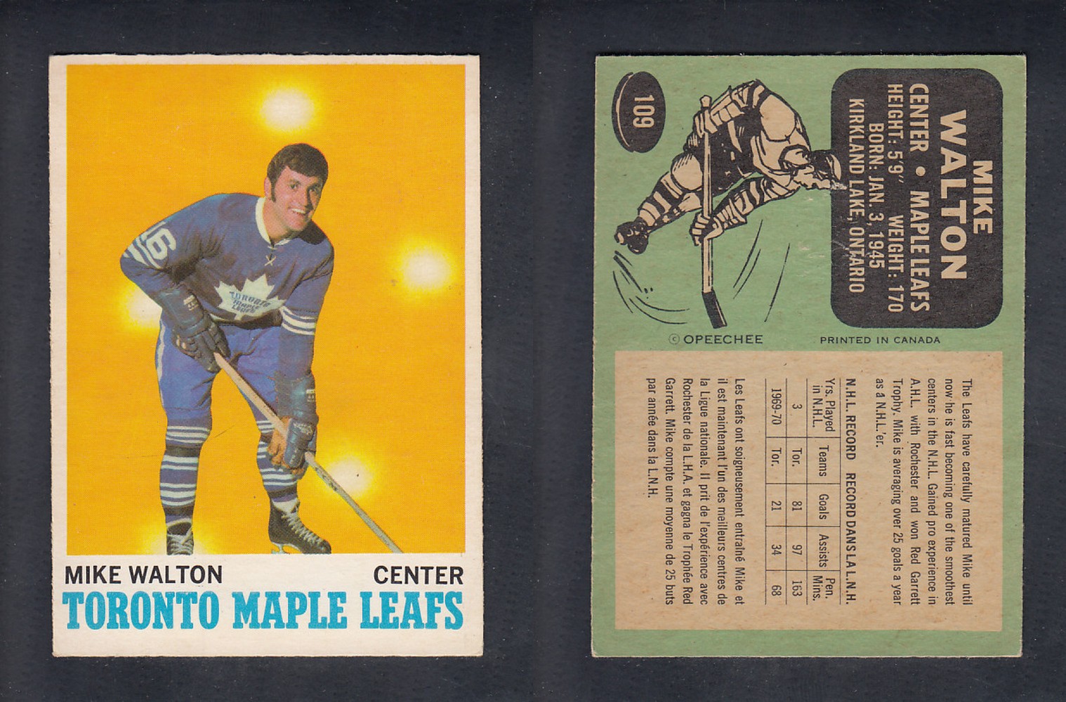 1970-71 O-PEE-CHEE HOCKEY CARD #109 M. WALTON photo 1970-71 O-PEE-CHEE HOCKEY CARD #109 M. WALTON photo